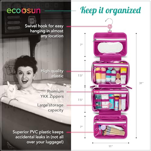 Eco Sun Hanging Travel Toiletry Bag — Designed in Hawaii — Water-resistant Travel Organizer for Bathroom Accessories (Magenta) - color: Magenta