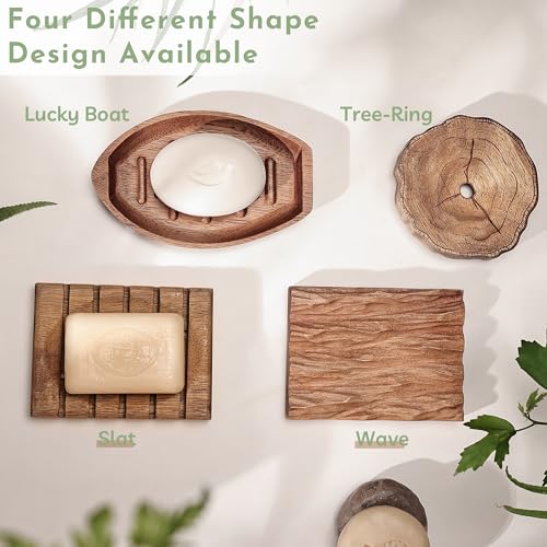 Acacia Wooden Soap Dish with Self Draining, Funny and Modern Multi Shape Design, Soap Holder for Sink Countertop, Shower & Bathroom Soap Tray。 (Tree Ring-3.94"x3.94"x0.86") - size: Tree Ring-3.94"x3.94"x0.86"