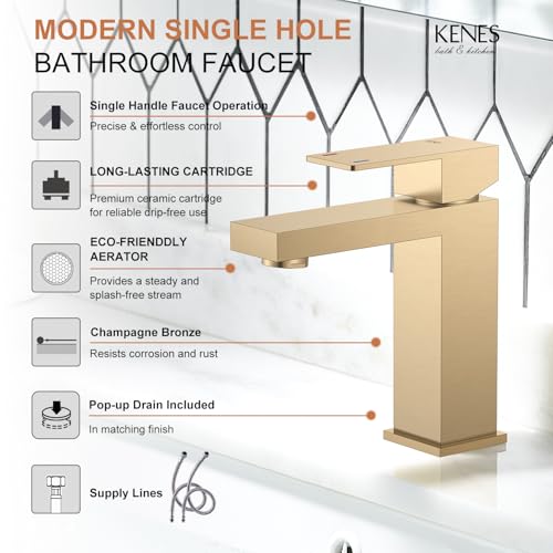 KENES Champagne Bronze Bathroom Faucet 1 Hole, Single Handle Gold Bathroom Sink Faucet, Vanity Faucet with Pop Up Drain and Supply Lines, LJ-9031-CB - color: Champagne Bronze, size: Short