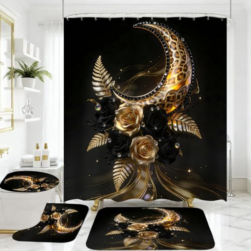 4 Piece Black and Gold Bathroom Set with Shower Curtain and Rugs, Luxury Leopard Moon & Rose Gothic Aesthetics Decor, Waterproof Fabric Curtain, Non-Slip Bath Mat & Toilet Lid Cover - color: Black Gold Moon