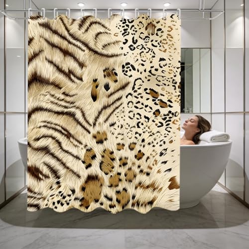 4 Piece Tiger and Leopard Print Shower Curtain Set with Rugs, Exotic Animal Skin Texture Art, Luxury Safari Aesthetic Bathroom Decor, Waterproof Fabric with Non-Slip Mats & Toilet Lid Cover - color: Beige