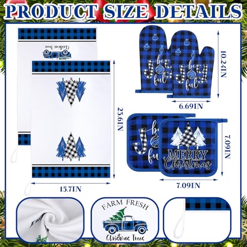 Leinuosen 6 Pieces Christmas Kitchen Set Dish Hand Towels Pot Holders and Oven Mitts Set Tea Towels Non Slip Heat Resistant Oven Gloves for Xmas Kitchen Cooking Baking Grilling(Xmas Tree)