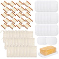 60Pcs Soap Saver Set, Soap Accessories Including Wooden Dish, Exfoliating Bag, Saver Pads Bulk with Self Drain, Bar Holder Mesh Bag for Shower Bath Home Toilet Kitchen Hotel Restaurant