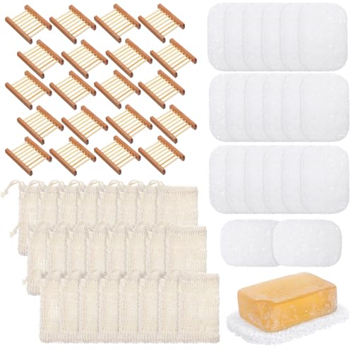 60Pcs Soap Saver Set, Soap Accessories Including Wooden Dish, Exfoliating Bag, Saver Pads Bulk with Self Drain, Bar Holder Mesh Bag for Shower Bath Home Toilet Kitchen Hotel Restaurant