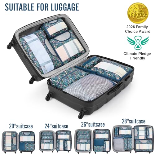 Veken 10 Set Packing Cubes for Travel Essentials,Anti-Wrinkle Buckled Suitcase Organizer for Shoe & Toiletry Bag,Carry On Luggage Bag with 99+ Count Mesh Holes for Airplane & College Dorm Accessories - color: 08 Navy Flower