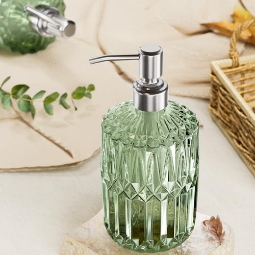 AmazerBath Soap Dispenser, 2 Pack Green Glass Soap Dispenser with Pump Stainless Steel, 14.2OZ Refillable Hand Soap Bottles Bathroom Kitchen - color: Green & Stainless Steel - 2 Pack