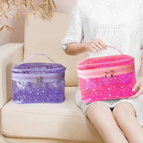 Star Print Red PVC Makeup Bag with Handle - 8.66 * 5.51 * 5.51 inch,Clear Storage Bag Toiletry Pocket Portable Zippered Pouch Waterproof Cosmetic Organizer Bags for Women (Red-L) - color: Red-L