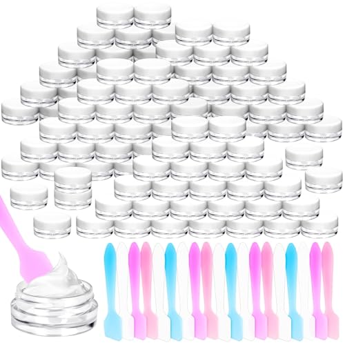 100 Pcs 3g Empty Plastic Containers with White Lids,Tiny Makeup Sample Containers, Small Pot Jars Clear Round Cosmetic Jars with 20 Pcs Mini Spatulas for Liquid Sample Powder Creams - color: White, size: 3g