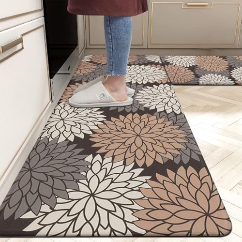 HEBE Anti Fatigue Kitchen Rugs Sets of 2, Non Slip Kitchen Mats for Floor, Waterproof Cushioned Comfort Standing Carpet for Kitchen Sink, Home Office, Laundry Room - color: Dark Brown, size: 17.3"x59"+17.3"x28"-0.47"Th