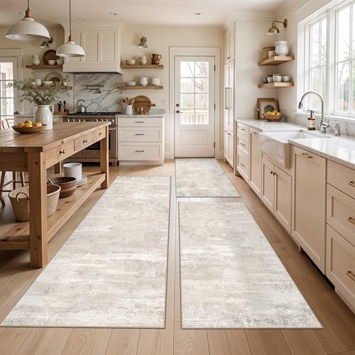 YOUFORTONG Kitchen Rug Sets of 3 - Non Slip Washable Kitchen Mats for Floor Sink Soft Stain Resistant Hallway Entryway Runner Rugs for Modern Abstract Decor (2x3+2x4+2x5,Beige) - color: Beige, size: 2x3+2x4+2x5