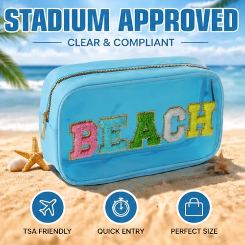 Women Clear Beach Makeup Bag with Chenille Letters-PVC Waterproof Visible Cosmetic Sunscreen Organizer for Pool, Swimming & Travel, Trendy Toiletry SPF Pouch - style: Blue-beach