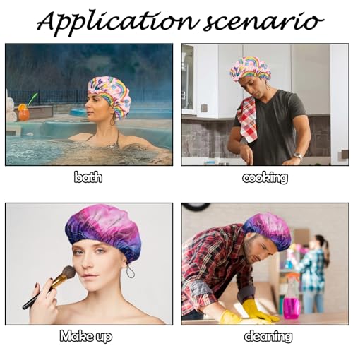 2 PCS Shower Cap Reusable Waterproof Adjustable Double Layer Elastic Dry Hair Bathing Caps Aesthetic Cute for Women Girls-Rainbow Heart - color: H-5-Rainbow Heart