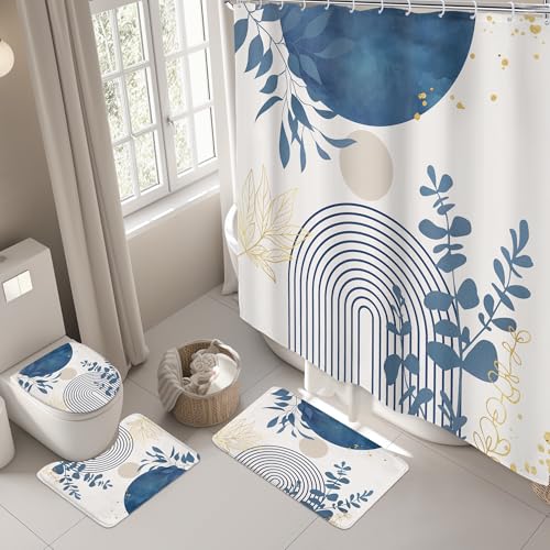 Riyidecor Boho Light Blue 4Pcs Bathroom Shower Curtain Sets Mid Century Minimalist Abstract Modern Bathroom Decor Set with Rugs and Accessories Leaf Toilet Lid Rug, Contour and Bath Mat with 12 Hooks - color: 01light Blue