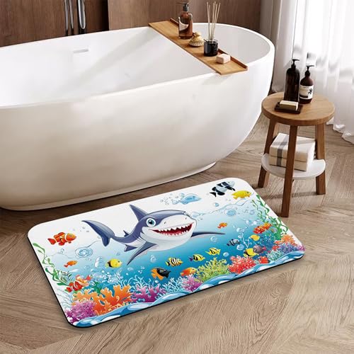 Cute Shark Bathroom Mat, Non Slip Rubber Backed Fast Dry Bath Rug, Thin Bath Mat for Bathroom Kitchen 17"x30" - color: Cute Shark