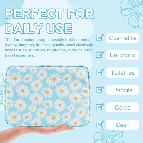 UIXIZQ Waterproof Large Floral Makeup Pouch,Nylon Travel Toiletry Storage Purse Preppy Cosmetic Bag for Women Girl,Large Capacity Makeup Organizer Zipper Pouch for Work(L Blue-Daisy) - color: Blue-Daisy, size: Large