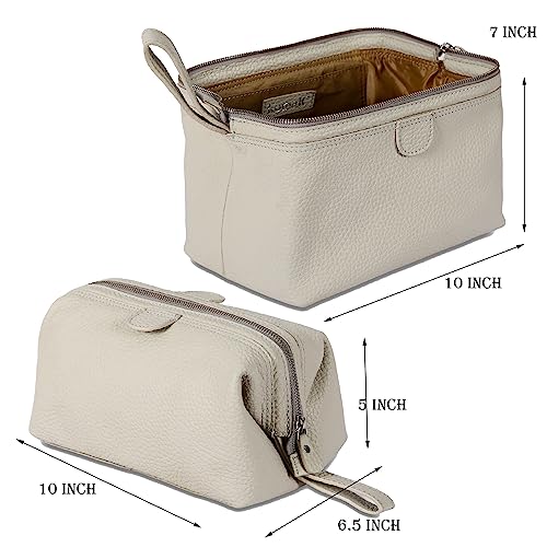 KomalC Premium Buffalo Leather Toiletry Bag for Men & Women With Water resistant Lining, Grooming Travel Pouch, Unisex Wash Bag for Toiletries, Gifts for Men and Women - color: Snow