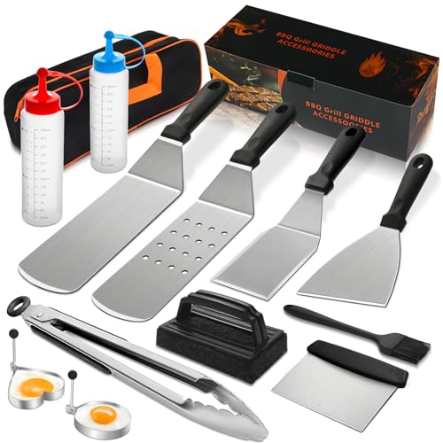 14PCS Griddle Accessories Kit, Flat Top Grill Accessories Set for Blackstone and Camp Chef, Grill Spatula Set with Enlarged Spatulas, Scraper for Outdoor Barbecue | Griddle Tools Set for Blackstone, Grill Spatula Set with Enlarged Spatulas, Scraper for Ou