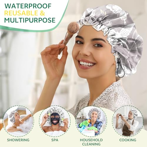 2 PCS Shower Cap Waterproof Double Layer Elastic Adjustable Reusable Hair Bath Caps for Girls Women Cute Aesthetic-Grey - color: G16-Grey