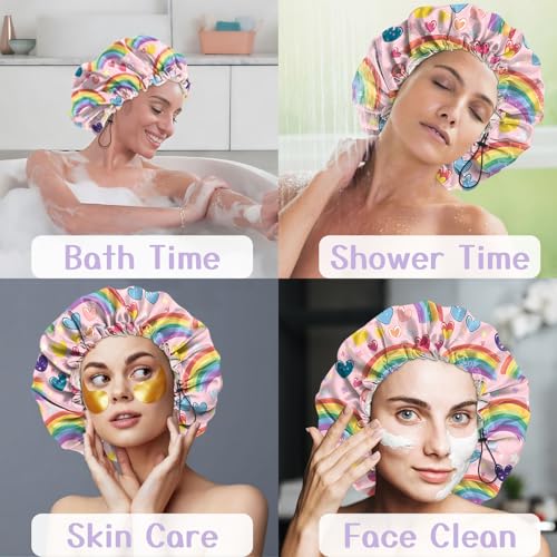 Luxury Shower Cap Silk Satin Lined Waterproof Reusable Adjustable Elastic Dry Hair Bathing Caps Cute for Women Girls-Rainbow - color: C-5-Rainbow