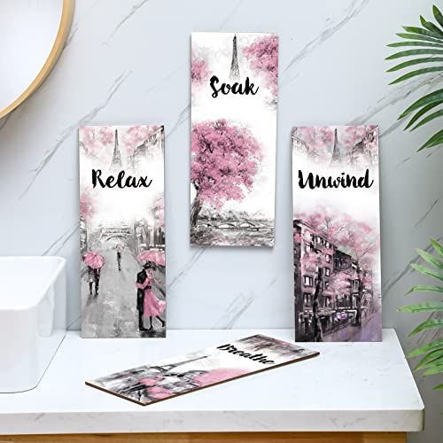 Gerrii 4 Pcs Pink and Grey Bathroom Decor Paris Decor Relax Soak Unwind Breathe Wall Art Farmhouse Bathroom Wedding Newlywed Home Spa Laundry Accessories Wood Hanging Sign(14.57 x 5.79 Inch,Rectangle) - size: 14.57 x 5.79 Inch, style: Rectangle