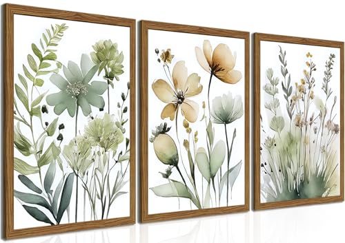 Wood Framed Sage Green Botanical Wall Art Set of 3, Boho Floral Canvas Wall Decor Paintings, Minimalist Flower Posters Prints Pictures for Bedroom Bathroom Living Room Home Decor 12x16 Inch - color: Sage Green, size: 16"L x 12"W