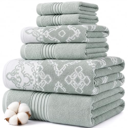 Modern Threads Charlize 6-Piece 100% Cotton Towel Set – Reversible Yarn Dyed Jacquard & Solid – Includes 2 Bath Towels, 2 Hand Towels, 2 Washcloths – Absorbent, Quick Dry, Soft & Durable – Dark Sage - color: Dark Sage, style: Fancy Medallion