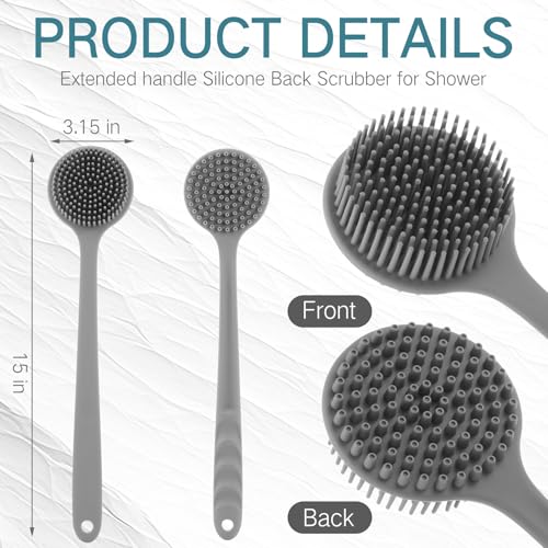 Sunnyray 2 Pack Silicone Back Scrubber for Shower with 15" Long Handle Double-Sided Bath Body Brush for Exfoliating Easy to Clean Quick Dry Deep Cleaning Lathers Well(Grey) - color: Grey