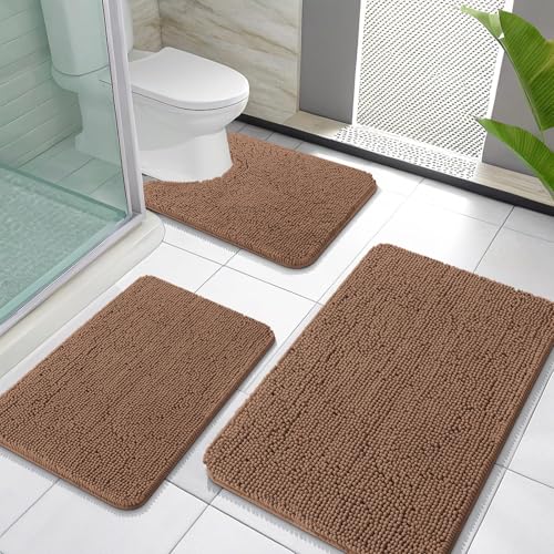 OLANLY Bathroom Rugs Sets 3 Piece, Soft Absorbent Chenille Bath Mats and U-Shaped Contour Toilet Rug, Quick Dry, Home Decor Accessories, Bath Mat Set for Bathroom (30"x20"+24"x16"+24"x20", Mocha) - color: Mocha, size: 30" X 20" + 24" X 16" + U24" X 20"