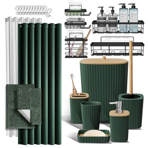 Clara Clark Bathroom Accessories Set - 27PC Bathroom Set with Adhesive Corner Shower Caddy Hanging, Bathroom Sets with Shower Curtain and Rugs, Hunter Green Shower Curtain Set with Bathroom Trash Can - color: Hunter Green, size: Complete Set + Bath Rug +