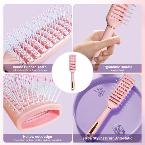 11PCS Hair Brush Set, Round Brush and Paddle Hair Brush Great On Wet Long Thick Hair, Detangling Brush and Spray Bottle for Wavy Curly Hair Pink
