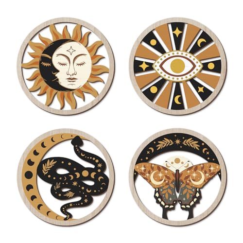 TOARTi 4Pieces Black Gold Gothic Wooden Wall Art, Mystical Witchy Sun Moon Butterfly Round Wall Decor,Boho Celestial Hanging Sign, Modern Aesthetic Mystical Snake Evil Eye Artwork - color: 4PCS Black Gold Gothic Wooden Wall Art