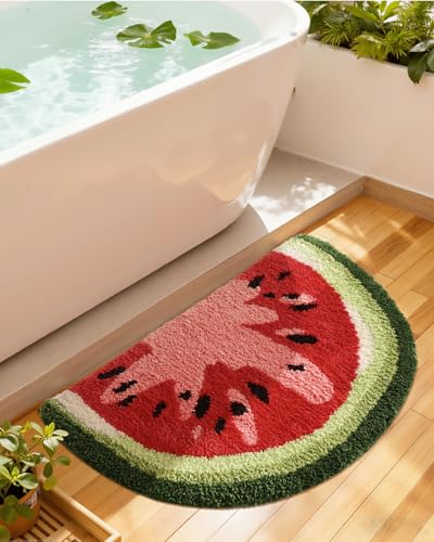 DEXI Cute Bathroom Rugs Half Round, Funny Fruits Absorbent Bath Mat Non Slip Washable, Extra Soft Plush Microfiber Bathmat for Shower Floor, Tub, Sink, Bedroom, 32x20, Watermelon - color: Watermelon