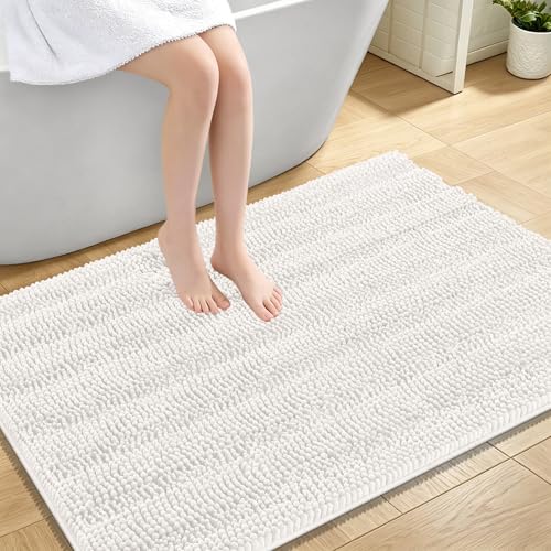 OLANLY Thick Large Bathroom Rugs 44x32, Extra Soft Absorbent Chenille Striped Bath Rugs, Rubber Backing, Machine Wash Dry, Bath Mats for Bathroom Floor, Tub and Shower, Home Decor Accessories, Ivory - color: Ivory, size: 44" X 32"