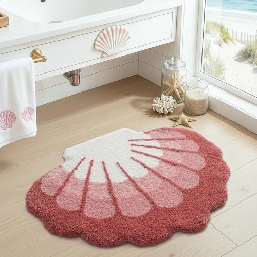 DEXI Seashell Bathroom Rugs Non Slip Washable, 38x30 Ultra Soft Cute Bath Mats for Bathroom Absorbent Quick Dry, Coastal Sea Bathmat for Shower Floor, Tub, Sink, Pink - color: Scallop Pink-large