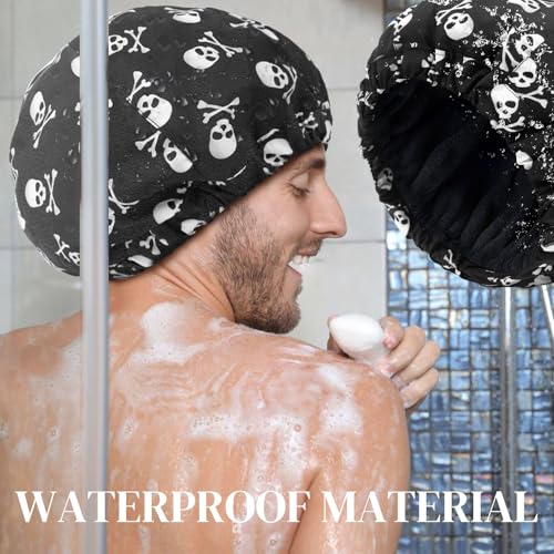 Shower Cap for Men Skulls Bath Cap, Reversible Large Waterproof Adjustable Shower Caps Terry Lining & Elastic Band Stretch Hem Hair Hat - color: Skulls