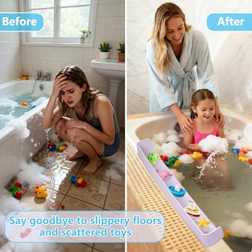 Bathtub Splash Guard for Kids, 2-in-1 Bath Toy Organizer Tub Shelf | Stops bathtub splashes, Keeps floors dry, 11 strong suction cups, Flexible safe silicone, Bonus kids shower cap - color: grey