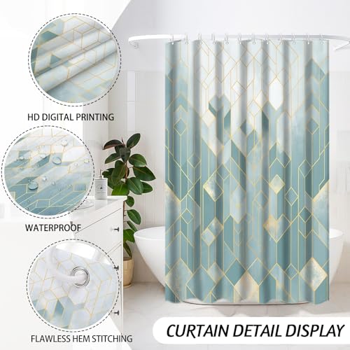 Lnond Blue Green Bathroom Set, Blue Green Abstract Cubes Bathroom Accessories Sets Complete, Luxury Restroom Set with Shower Curtain and Rugs, Trash Can, Toilet Brush Holder Set & Soap Dispenser - style: Blue Green