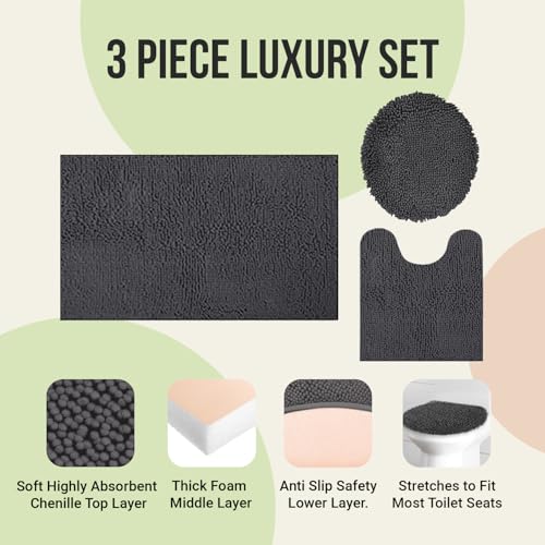ITSOFT Standard 3pc Non-Slip Shaggy Chenille Bathroom Mat Set, Includes 24"x21" U-Shaped Contour Toilet Rug, 34"x21" Bathmat and 1 Toilet Lid Cover, Chocolate Brown - color: Chocolate Brown, size: 24''x21’’, 34’’x21’’ and TLC (Set)