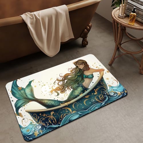 Bath Mat Rug,Beautiful Mermaid Non Slip Quick Dry Super Absorbent Thin Bathroom Rugs Fit Under Door-Easy to Clean Bathroom Floor Mats-Shower Rug for Shower Sink Bathtub(17" x 27.5"in) - color: Beautiful Mermaid, size: 1'5" X 2'4" (Rectangular)