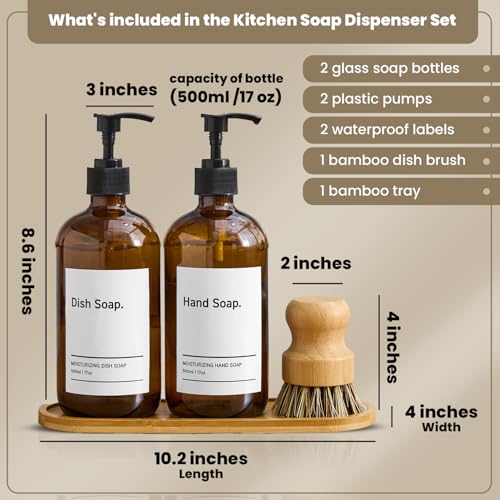 SIDIQI Design Glass Soap Dispenser Set of 2 with Plastic Pumps, Bamboo Tray, Brush & Labels - Ideal for Bathroom & Kitchen Countertop - 500ml/17 Oz