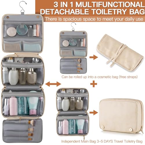 Elviros Hanging Travel Toiletry Bag for Women Vegan Leather (Beige) | 3-in-1 Waterproof Makeup Bag with Compartments for Skincare, Toiletries, Accessories, and Travel Essentials - color: Beige, size: 1 Pack
