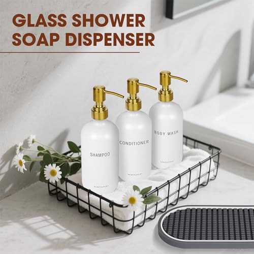 White Glass Shampoo and Conditioner Dispenser Set –16.9oz Refillable Bottles with Stainless Steel Pump, Non-Slip Mat & Waterproof Labels –Shampoo Conditioner Body Wash Dispenser for Shower - color: White