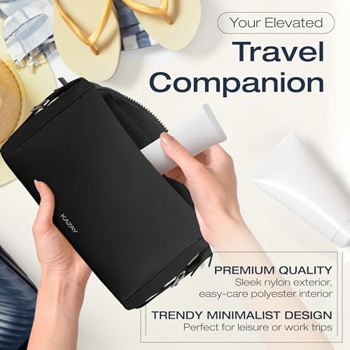 KAZAY Expandable Toiletry Bag with Side Clips for Adjustable Sizing, Premium High-Density Nylon, Open Wide Zipper, Stylish, Water Resistant, Cosmetic Bag, Makeup Bag, Full-Size Bottles, Unisex (Black) - color: Black