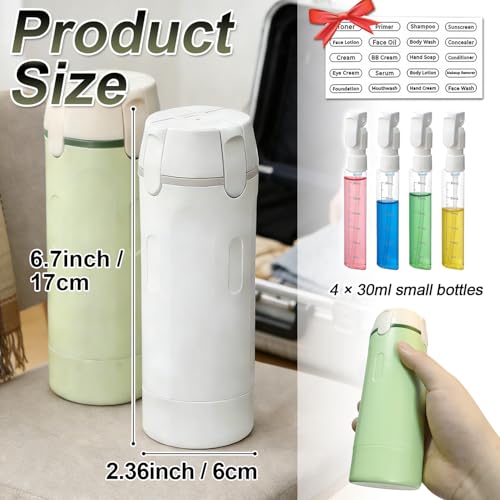 4 in 1 Travel Pump Dispenser Bottle, 30ML 4 Pack Leak-Proof Pump Containers with Measurement Scale & Label Stickers, Portable Bottles for Toiletries, Shower & Travel Use (Green)