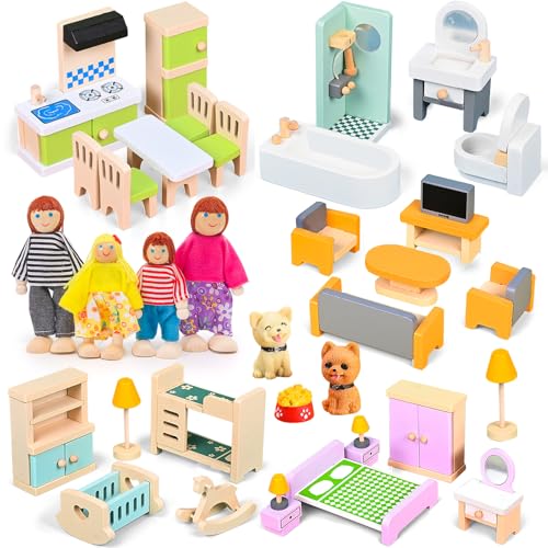 HAPGFS 36PCS Wooden Dollhouse Furniture Set with 4 Flexible Family Dolls - 5 Room Realistic Doll House Accessories for Toddlers 3 4 5 6, Pretend Play Toys Gift for Birthday and Christmas - style: Indoor