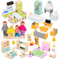 HAPGFS 36PCS Wooden Dollhouse Furniture Set with 4 Flexible Family Dolls - 5 Room Realistic Doll House Accessories for Toddlers 3 4 5 6, Pretend Play Toys Gift for Birthday and Christmas - style: Indoor