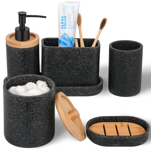 Bathroom Accessories Set Black, 6Pcs Bathroom Accessory Set, Large-Sized Toothbrush Holders Set Black, Soap Dispenser, Vanity Tray, Bathroom Tumbler, Apothecary Jars and a Soap Dish - color: Black
