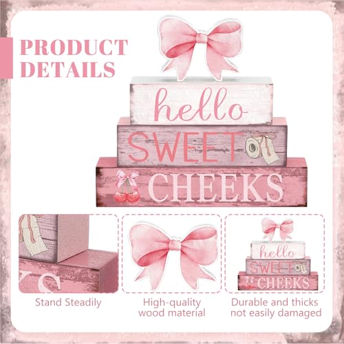 Cinnvoice 4 Pcs Pink Bow Bathroom Decor Farmhouse Bathroom Decoration Hello Sweet Cheeks Table Centerpiece Gift for Christmas Valentines Back to School - style: Pink Bow Hello Sweet Cheeks