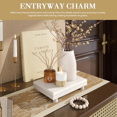 EOSAHR Decorative Pedestal Stand for Home Decor – Farmhouse Bathroom Counter Organizer & Soap Holder for Bathroom Sink - Small Wooden Tray for Kitchen & Bathroom Decor (White) - color: White
