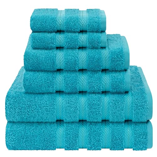American Soft Linen 100% Cotton Luxury Turkish Towels, 6 Piece Towel Set | Soft Absorbent Quick Dry OEKO Tex Standard 100 Certificated Durable Machine Washable Breathable Premium Hotel Quality - color: Aqua Blue, size: 6PC (2BT + 2HT + 2WC)